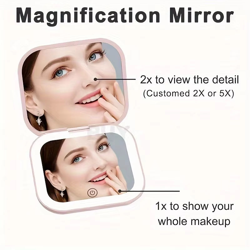 Mini Vanity Makeup Mirror with Lights Travel Folding Portable Handheld LED Compact Pocket Cosmetic Mirror 2X Magnifying Gifts
